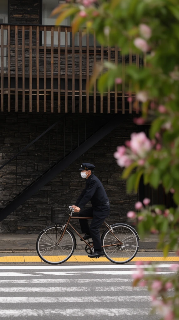 A masked cyclist in a dark uniform rides a brown bicycle past a building with a dark stone facade, a slatted wooden balcony, and a black metal staircase. Heavily blurred green leaves and pink blossoms frame the right foreground, creating a shallow depth of field. Yellow tactile paving lines the curb next to a white crosswalk. The street photography features diffused lighting, telephoto compression, and a muted earthy palette.