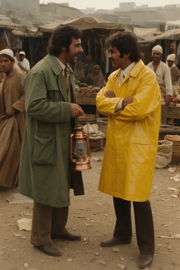 vintage 1970s film still, two men haggling in a dusty outdoor market, man in a green trench coat holding a copper lantern, man in a yellow slicker crossing arms, merchants in background, grainy cinematic texture, earth tones