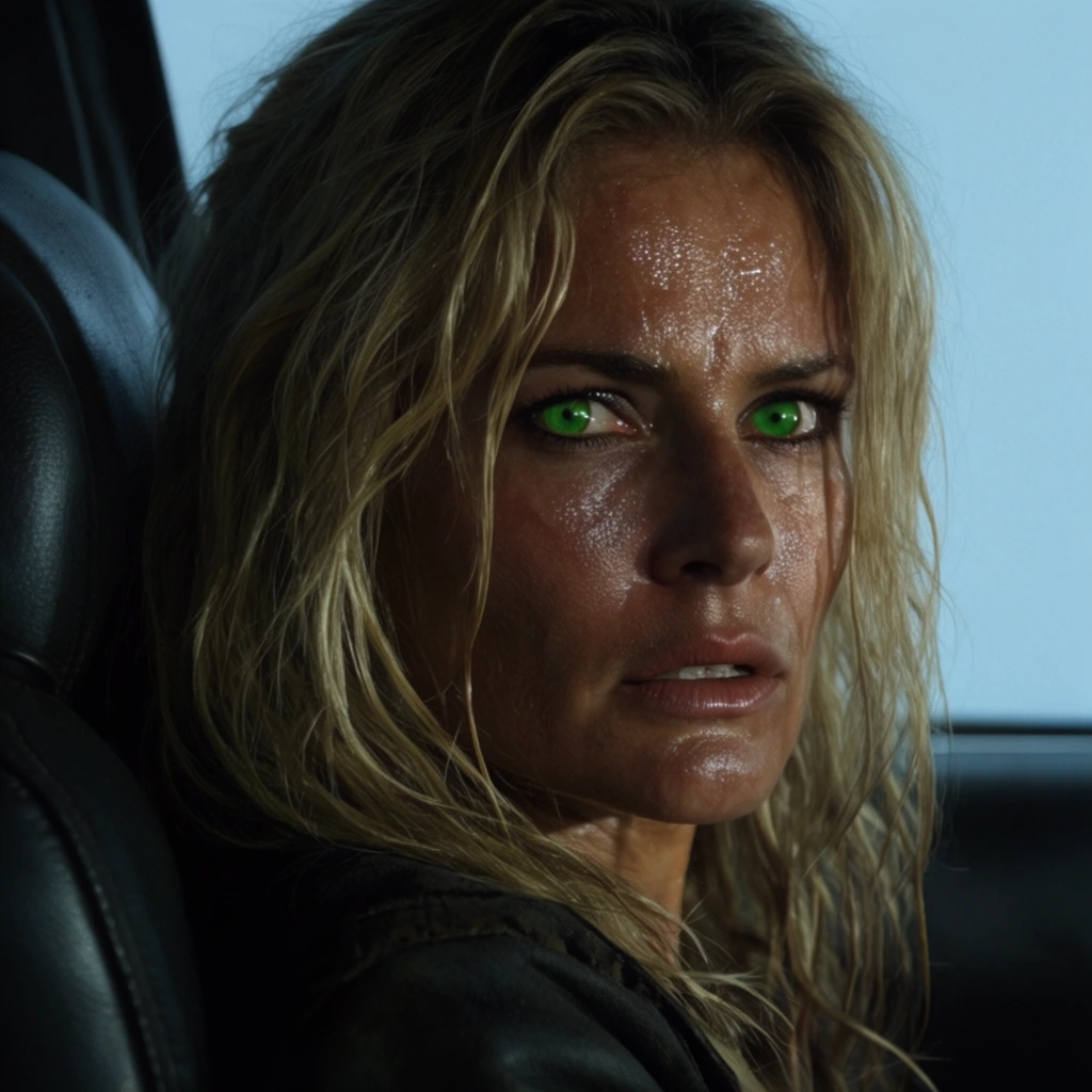 A rugged, blonde woman with bright green eyes stares intensely from a dark leather vehicle seat. Her face glistens with heavy sweat under dramatic lighting. Stark pale blue background framing a tense cinematic close-up.