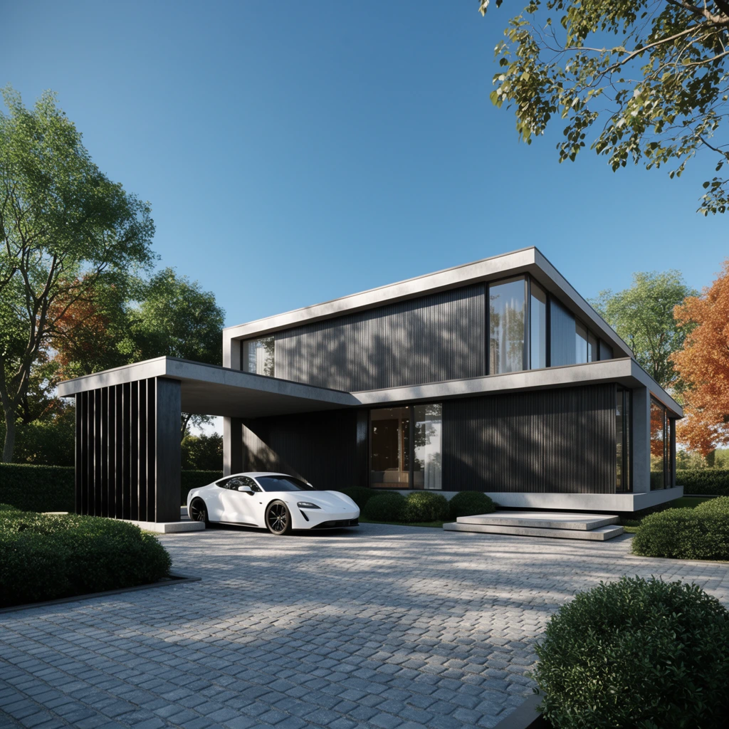 modern two-story house, flat roof, concrete framing, dark vertical ribbed cladding, large glass windows, cantilevered carport with vertical louvers, sleek white sports car parked beneath, wide paved cobblestone driveway, manicured green bushes, short stone entrance steps, mature green and autumn trees, clear bright blue sky, sharp daylight casting dappled tree shadows on the facade, hyper-realistic architectural 3D render, wide angle perspective, crisp lighting