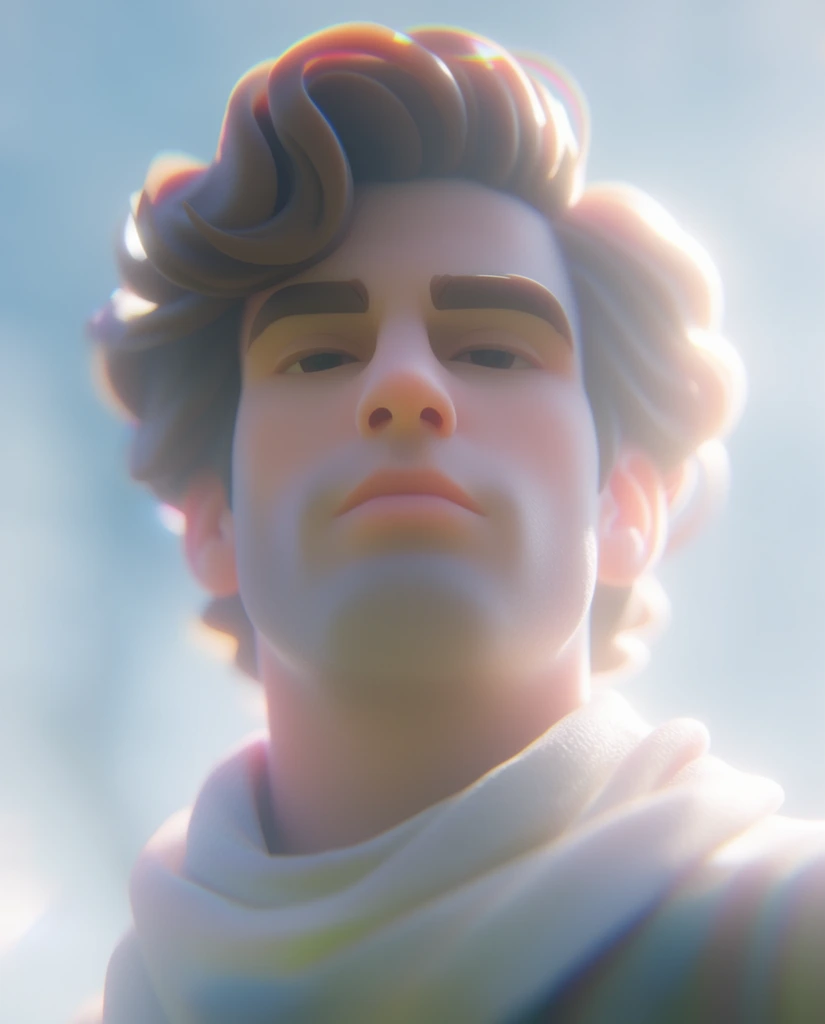 A stylized 3D rendered portrait of a man's face looking directly forward, featuring thick, voluminous wavy hair modeled in smooth, continuous sculptural forms and a softly folded neck cloth draped around his collar. The rendering utilizes a soft-touch vinyl aesthetic with pronounced subsurface scattering, giving the skin, hair, and cloth a luminous, slightly translucent quality with uniformly smooth, matte textures. Bright, heavily diffused daylight floods the scene, accompanied by a strong, glowing rim light outlining the figure and creating an intense, hazy volumetric bloom effect. The color grading relies on a high-key, airy pastel palette of soft, vibrant tones against a heavily blurred, luminous light blue background. The composition employs a low-angle perspective, extremely shallow depth of field, subtle chromatic aberration along the brightly lit edges, and dense atmospheric scattering that softens the overall contrast and washes out the background.