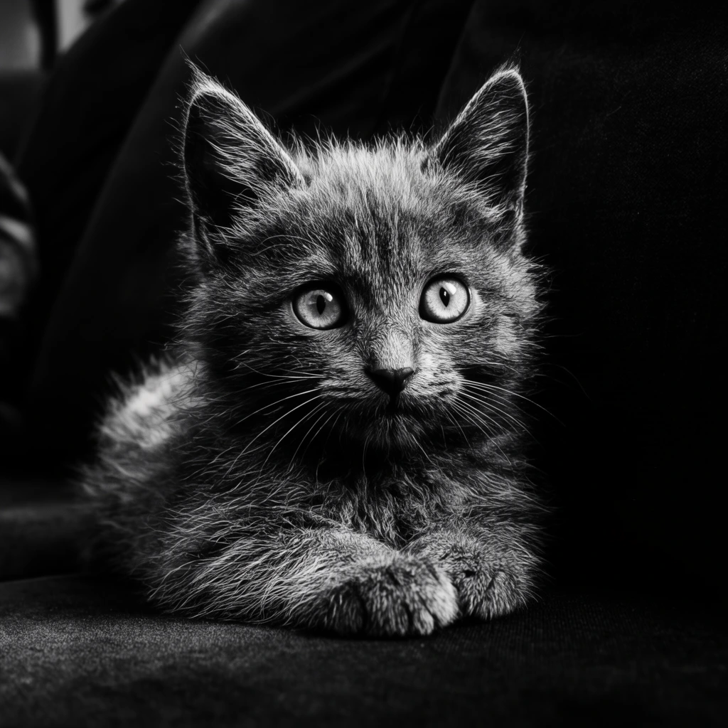 A black and white photograph of a fluffy kitten resting on a dark fabric surface. The kitten features large luminous round eyes gazing slightly off-camera, prominent ears, and delicate illuminated whiskers. Its front paws are softly tucked together, highlighting dense, wiry fur under strong directional lighting. The surrounding foreground and background consist of deep, shadowed upholstery creating a shallow depth of field. This monochromatic composition uses high contrast to emphasize the intricate textures of the kitten's face against the stark black environment.