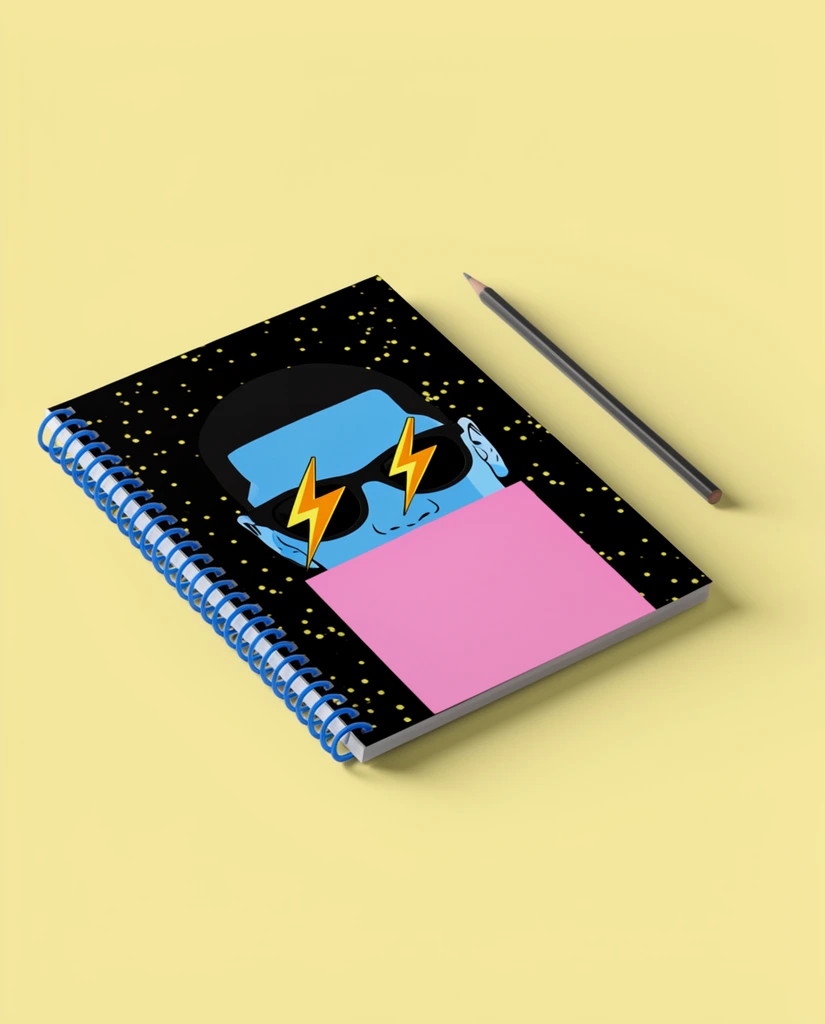 spiral-bound notebook angled on a pastel yellow background, blue wire binding, black cover with a pop-art illustration of a blue-skinned face wearing lightning bolt sunglasses and a pink block obscuring the lower face, scattered yellow constellation dots, dark grey pencil resting diagonally alongside, minimalist product mockup, soft drop shadows, top-down isometric view
