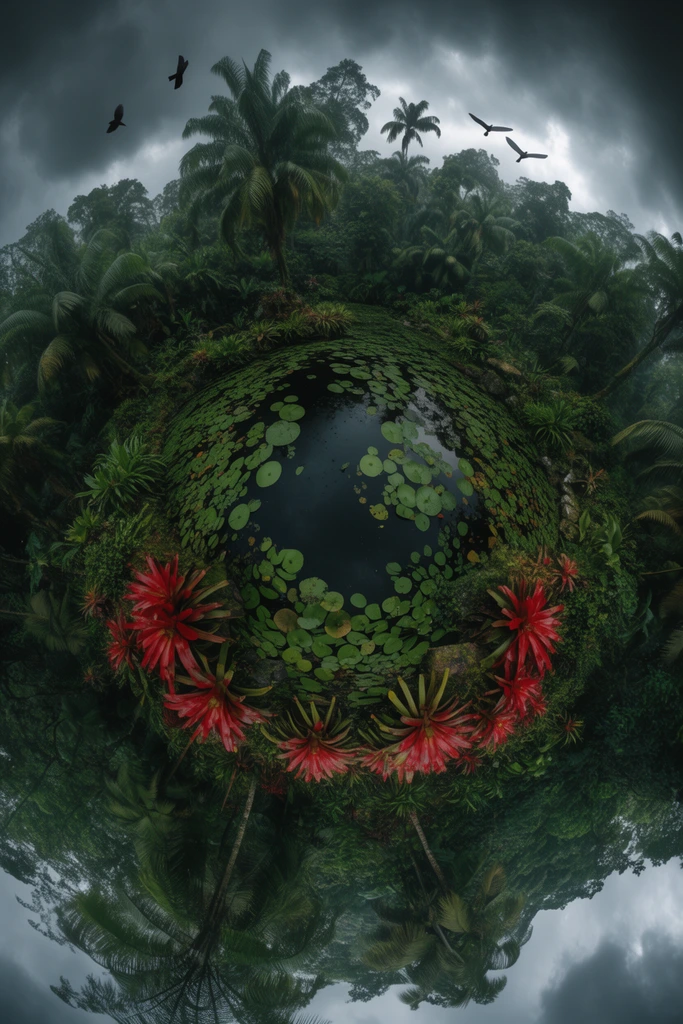 stereographic little planet of a lush tropical rainforest, central dark pond with green lily pads and vibrant red bromeliads, dense circular jungle canopy, towering palm trees, dark overcast sky, flying birds, surreal perspective, moody atmosphere