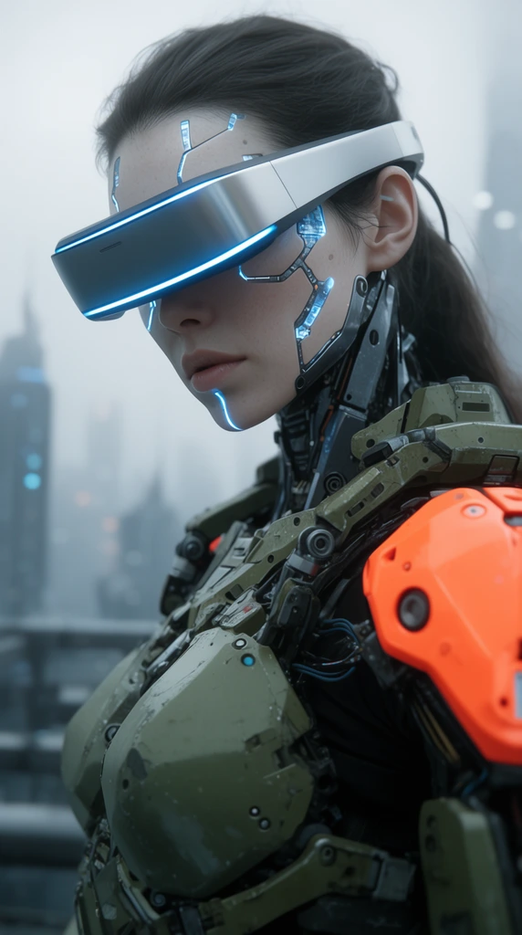close-up of a female cyborg looking down with a focused expression, pale skin with glowing cybernetic facial implants, wearing a sleek silver VR visor with a glowing blue strip, heavy olive-green combat exoskeleton with neon orange shoulder armor, shallow depth of field, blurred foggy futuristic cityscape background, overcast daylight, cinematic lighting