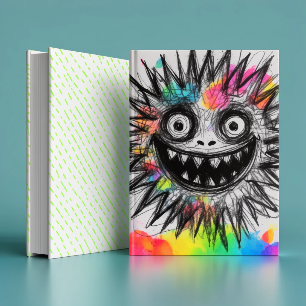 two upright hardcover books on a smooth reflective teal surface, seamless muted cyan background, left book angled showing a white cover with neon green dashed lines, right book facing forward featuring a chaotic black charcoal doodle of a grinning spiky monster, vibrant neon splotches overlaying the sketch, rainbow band at bottom, clean product mockup photography, soft studio lighting