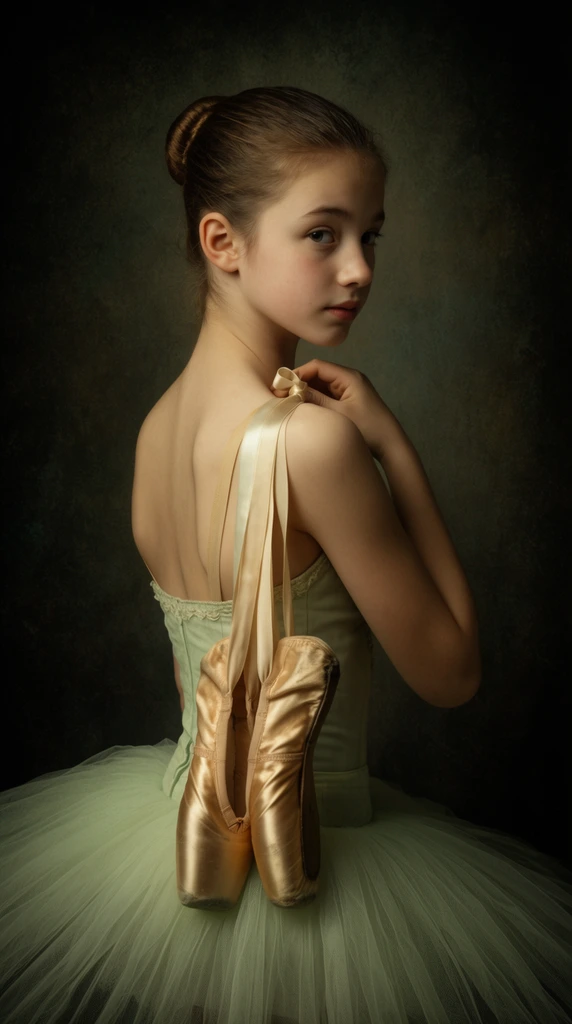young ballerina looking over her right shoulder, fine art portrait photography, painterly aesthetic, pale green tutu with voluminous tulle skirt, brown hair in a tight bun, worn golden satin pointe shoes draped by ribbons over her shoulder, soft skin, delicate pensive expression, dramatic chiaroscuro lighting, soft directional light illuminating her face and back, dark mottled textured background in deep olive and charcoal tones, vintage classical atmosphere, rich textures, heavy vignette