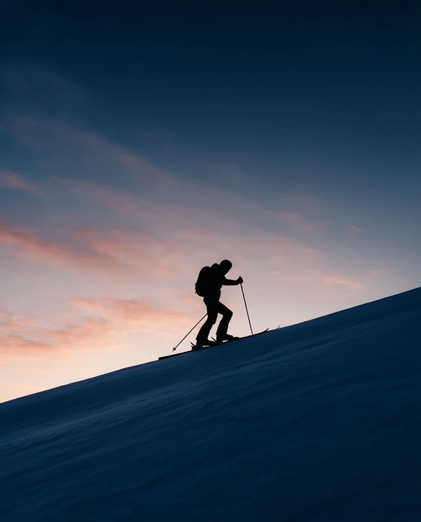 silhouette of a skier on a steep diagonal snowy ridge, holding ski poles, deep blue shadowed snow in foreground, vast twilight sky background, dark blue zenith transitioning to soft peach and pink clouds at the horizon, low angle perspective, minimalist high contrast photography