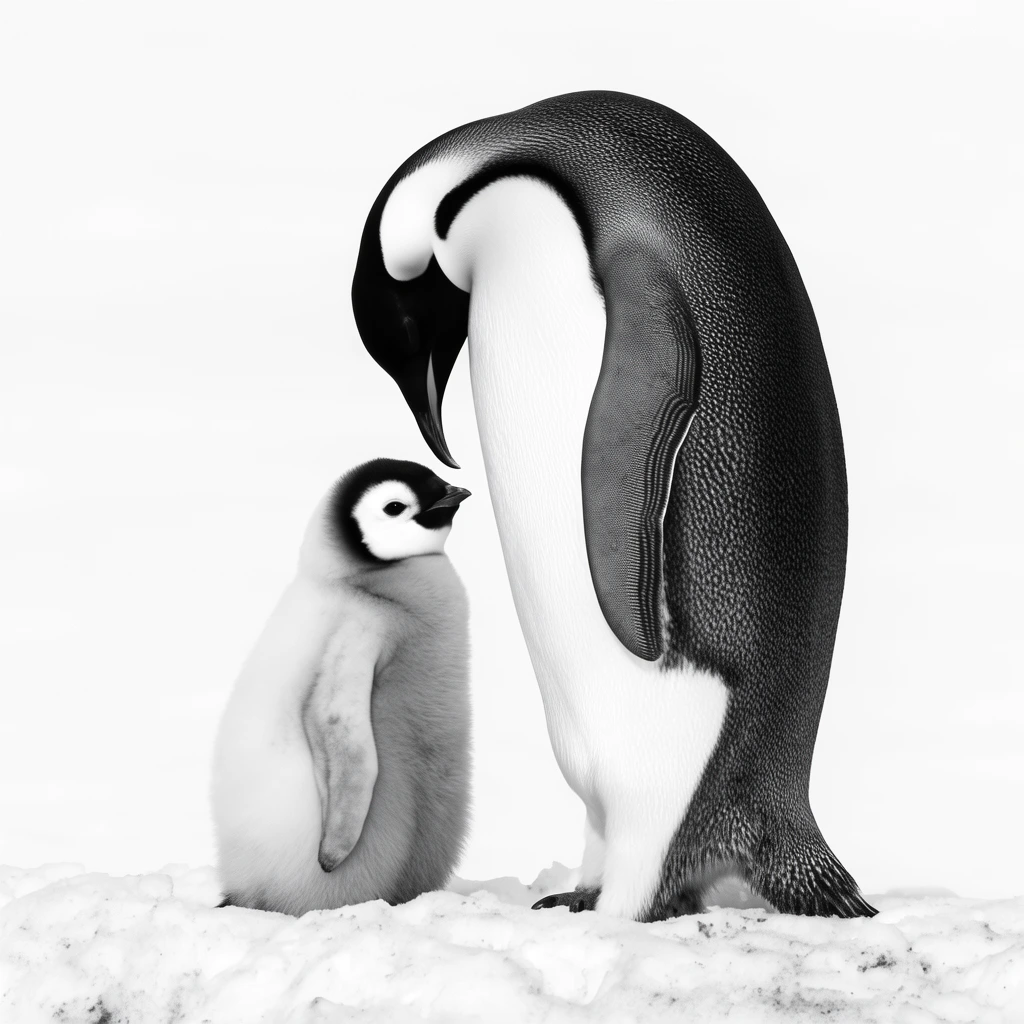 An adult Emperor penguin bows its sleek dark head toward a downy chick in a high-contrast black and white photograph. Both birds stand on a mound of textured snow against a stark, pure white background. The adult's crisp dark wings and bright white chest form a sharp silhouette over the small chick, which features soft, fuzzy grey plumage and distinct dark facial markings. The minimalist, high-key lighting isolates the subjects completely, drawing strict focus to the geometric shapes and varying textures of their feathers.