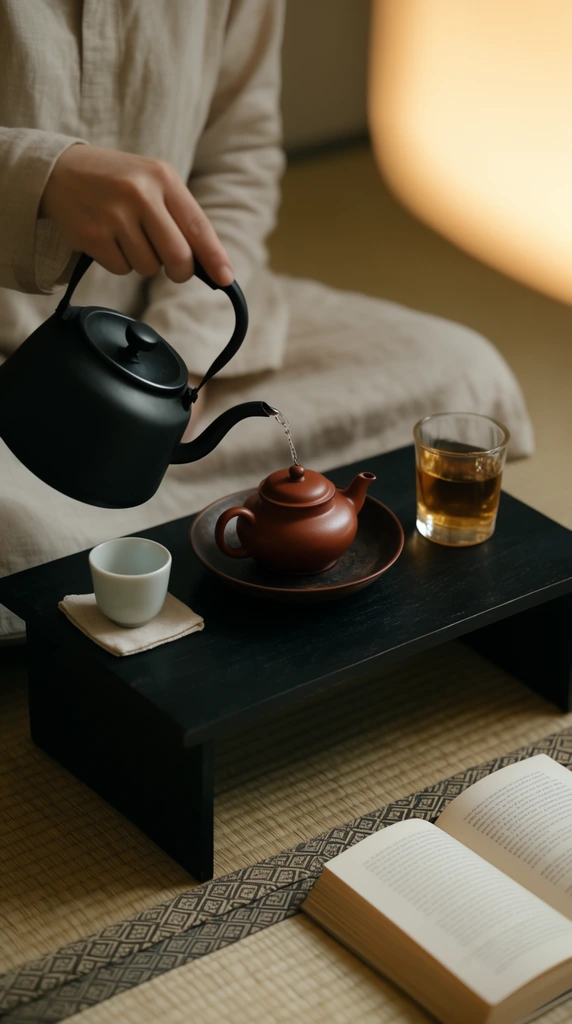 A person in a light beige tunic pours water from a matte black kettle into a small reddish-brown clay teapot. The delicate pouring action takes place on a low, black wooden table resting on a woven tatami mat with a geometric fabric border. Beside the central teapot sits a clear glass of amber liquid and a white ceramic cup on a cloth coaster. A softly blurred open book lies in the foreground. A large out-of-focus warm light source glows in the top right corner, enhancing the shallow depth of field. The high-resolution lifestyle photograph features a serene, minimalist aesthetic with rich, earthy tones and soft cinematic lighting.
