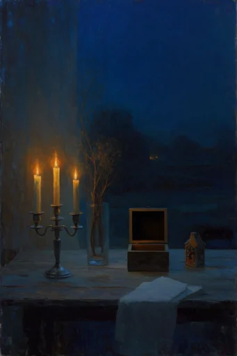 Nocturnal Amber Surrealism style reference image — twilight indigo sky