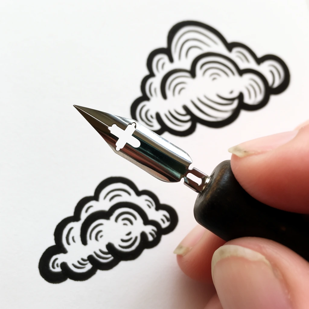 A hand grips a dark cylindrical dip pen with a sharp metallic nib, hovering over a crisp white paper surface. The highly reflective silver nib features an intricate cross-shaped cutout near its tip. Pale fingers with visible nail details hold the tool securely in the right foreground. Beneath the pen, the paper displays two stylized, hand-drawn clouds rendered in thick black ink with rounded scalloped edges and curved internal hatching lines. The macro photograph utilizes a shallow depth of field, sharply focusing on the metallic pen while subtly softening the bold monochromatic cloud illustrations in the background under bright naturalistic lighting.