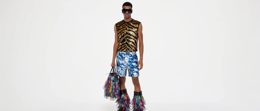 A model against a white backdrop wears oversized sunglasses, a sleeveless gold-and-black sequined animal-print top, and blue-and-white sequined shorts. He holds a bag covered in rainbow metallic tinsel fringe, matching the dense fringe on his black boots.