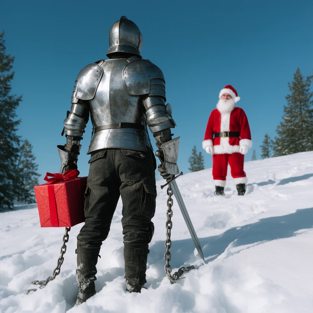 Viewed from behind at a low angle, a figure in layered silver upper-body plate armor and dark cargo pants stands in deep snow. Heavy metal chains trail from their gauntlets to the ground. They hold a red wrapped gift box in their left hand and a downward-pointing sword in their right. Further up the sunlit hillside, a person in a red and white Santa suit faces the armored subject, framed by scattered evergreen trees and a bright, clear blue sky.