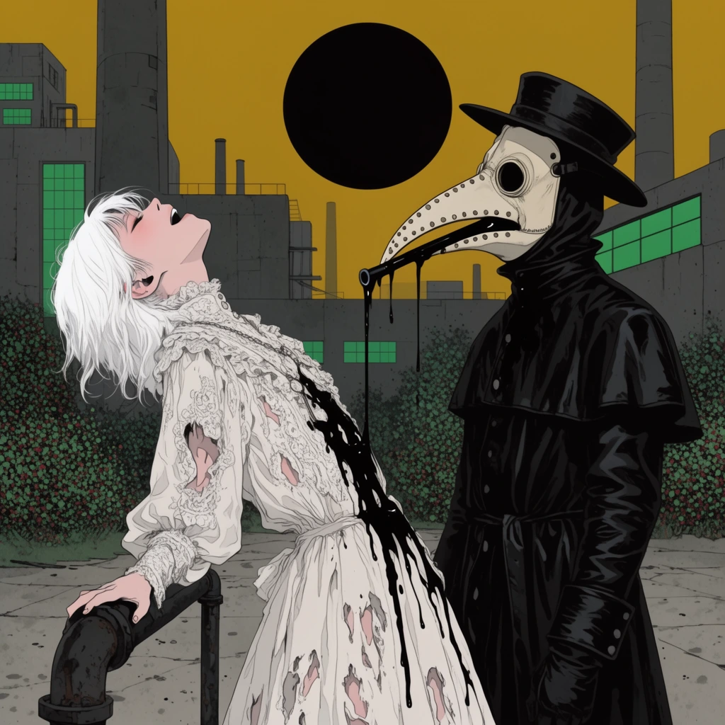 A white-haired gothic youth in a torn Victorian lace dress leans backward over an iron pipe in a euphoric trance. Beside them, a plague doctor in a leather coat stands with the same pipe piercing completely through his beaked mask, spilling thick black oil down his chest. They occupy a concrete courtyard beneath a mustard-yellow sky containing a massive black sun. Brutalist gray factories with glowing green windows and stippled thorny bushes fill the background. The surreal dark pop art features flat color blocking, crisp black linework, and macabre atmosphere.