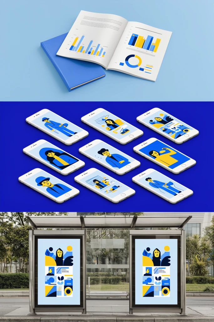 A vertical three-tier graphic design mockup presentation featuring flat vector illustrations in a cohesive blue, yellow, and white color palette. The top section shows an open brochure with charts alongside a notebook on a light blue surface. The middle section displays an isometric grid of eight white smartphones on a royal blue background, their screens exhibiting stylized characters and infographics. The bottom section is a realistic street-level photograph of a glass bus shelter holding two illuminated advertising posters showcasing identical geometric vector artwork.