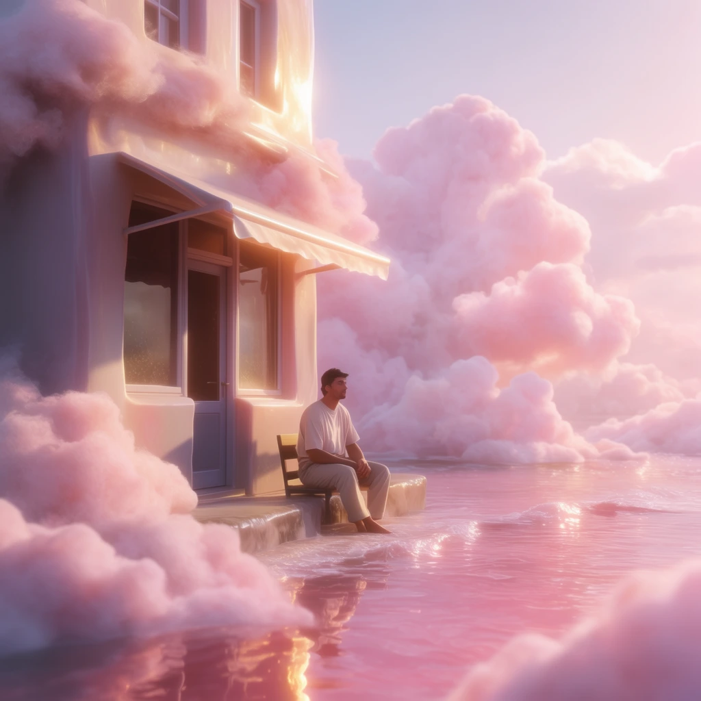 A man sits outside a coastal building by the sea in a surreal, ethereal fantasy style dominated by soft pastel pinks, lavenders, and warm golden light. Voluminous, cotton-candy-like pink clouds billow heavily around the architecture and float directly above the luminous pink seawater. Soft, diffused illumination casts a glowing aura across the smooth, digitally rendered structures and the seated figure. The composition features polished 3D textures, a hyper-romantic dreamlike atmosphere, and glossy, mirror-like water reflections.