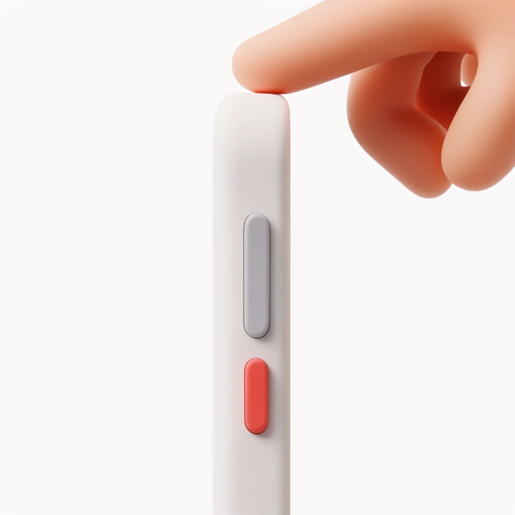oversized stylized 3D rendered peach-colored finger pressing down, soft smooth clay-like texture, touching the top edge of a matte white rounded rectangular device, elongated soft gray side button, coral red pill-shaped button, minimalist pure white seamless background, smooth gradients, bright even studio lighting, clean modern aesthetic, side profile view