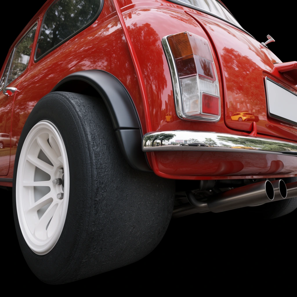 A low-angle, close-up view of the rear quarter of a glossy red classic compact car against a solid black background. A massively wide, textured black tire is mounted on a stark white multi-spoke rim, housed beneath a matte black flared wheel arch. A polished chrome rear bumper extends horizontally above dual metallic exhaust pipes protruding from the undercarriage. The pristine red bodywork acts as a mirror, vividly reflecting an outdoor scene of green trees, a distant yellow vehicle, and a building. To the right, a vertical taillight assembly with clear and red lenses sits adjacent to a blank rectangular plate. The lighting emphasizes the sleek curves, metallic gleam, and sharp contrast between the vibrant red paint and the pitch-black void surrounding the vehicle.