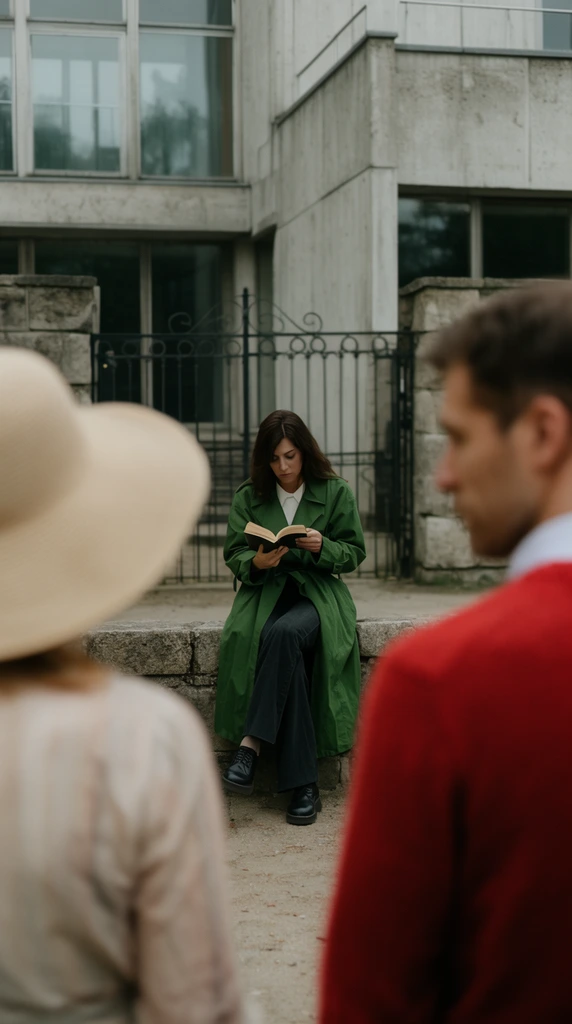 woman in a green trench coat reading a book on a stone wall in sharp midground focus, framed by two heavily blurred foreground figures, person in a wide sun hat left, man in a red sweater right, background modernist concrete building with glass windows, wrought iron gate, overcast daylight, shallow depth of field, cinematic over-the-shoulder framing, muted color palette