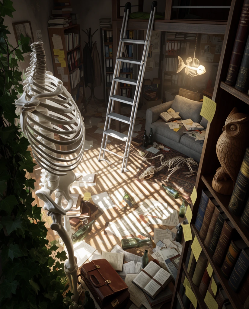 A cluttered, sunlit study room features dramatic Venetian blind shadows striping across a chaotic floor. In the left foreground, a towering, curved white ribcage skeleton stands beside climbing green ivy. To the right, a carved wooden owl figurine rests on a bookshelf lined with thick tomes and yellow paper squares. The floor is buried under scattered documents, open books, empty glass bottles, and a brown leather briefcase. A silver step ladder leans centrally toward an upper loft. Nearby, a small animal skeleton lies on a rug beside a grey sofa covered in debris, illuminated by a glowing fish-skeleton hanging lamp. The background contains tall shelves packed with binders and a distant coat rack. Viewed from an elevated angle, the highly detailed 3D-rendered scene emphasizes rich environmental storytelling and warm, high-contrast chiaroscuro lighting.