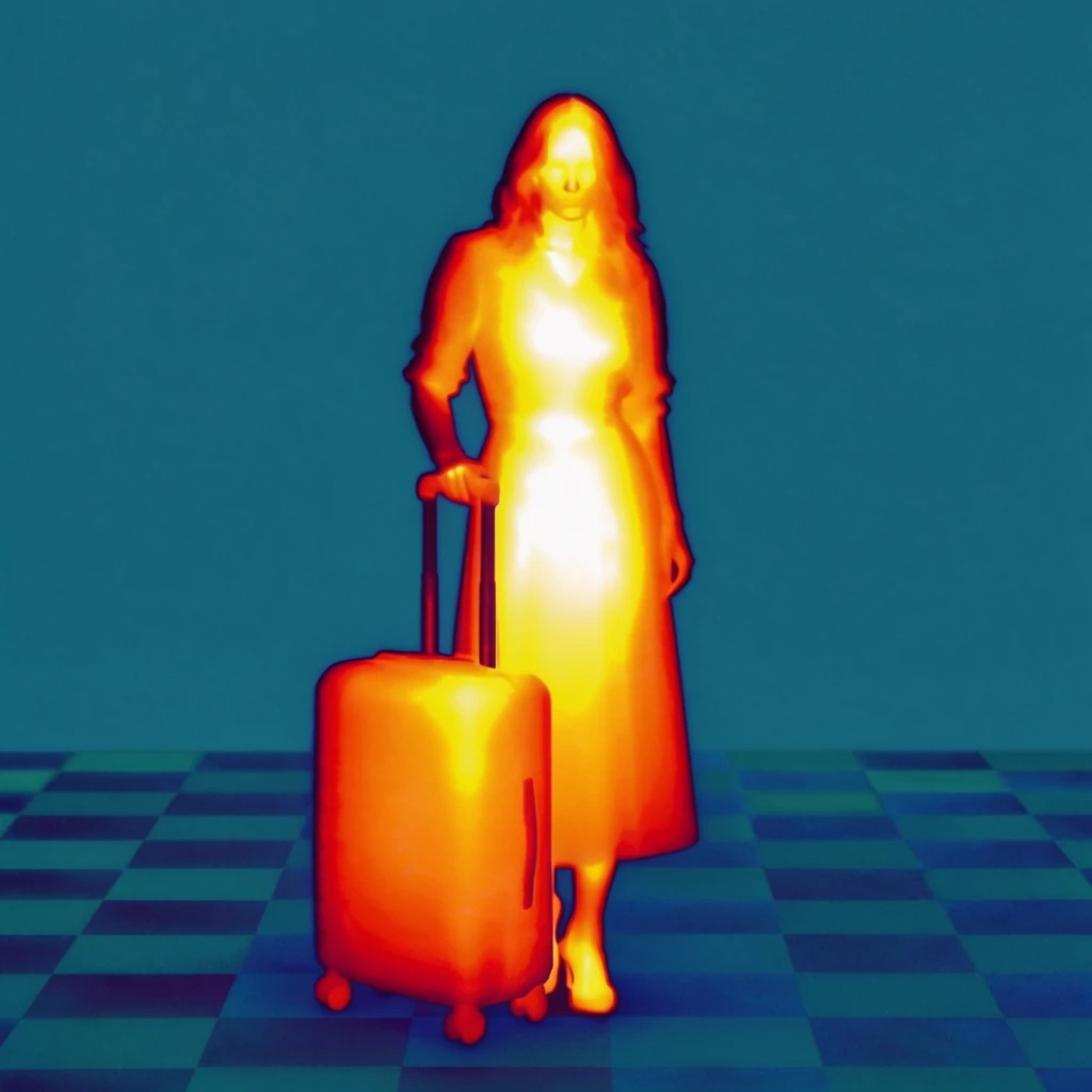 A woman standing behind a suitcase on a checkered floor, rendered in a high-contrast, false-color thermal imaging aesthetic. The woman and the suitcase radiate intense heat-map gradients, featuring luminescent white-hot and vibrant yellow cores that transition smoothly into fiery orange and deep crimson at their outer silhouettes. These vividly glowing, sharply defined subjects contrast starkly against a flat, solid deep cyan background. The checkered floor below consists of alternating dark teal and deep blue geometric squares, maintaining the cool ambient color palette of the surrounding space. The composition exhibits a stark graphic flatness, characterized by extreme color saturation, a radiant internal glow emanating from the central subjects, and a subtle digital grain consistent with infrared thermography.