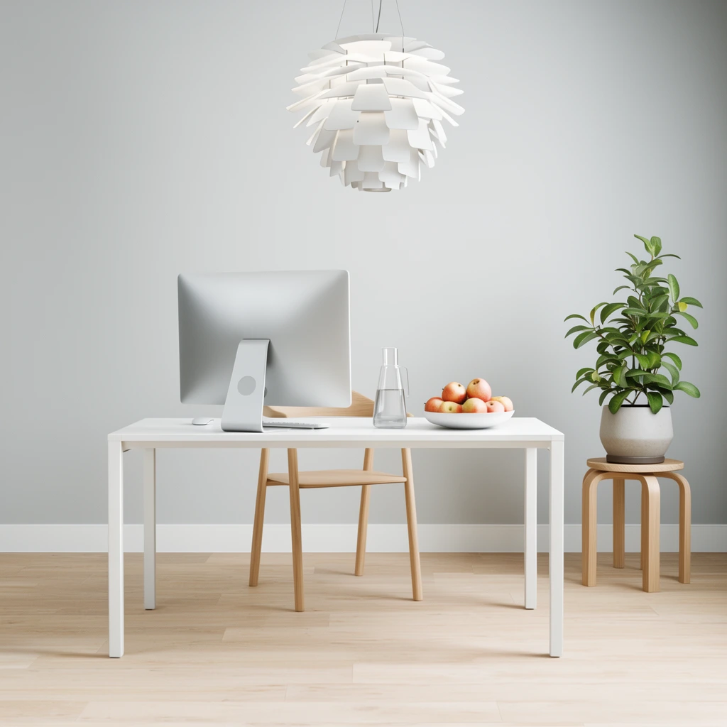 minimalist modern home office, white desk, silver desktop computer viewed from behind, glass carafe, bowl of apples, wood chair, potted green plant on round wooden stool, white layered pendant light, light grey walls, bright diffused lighting