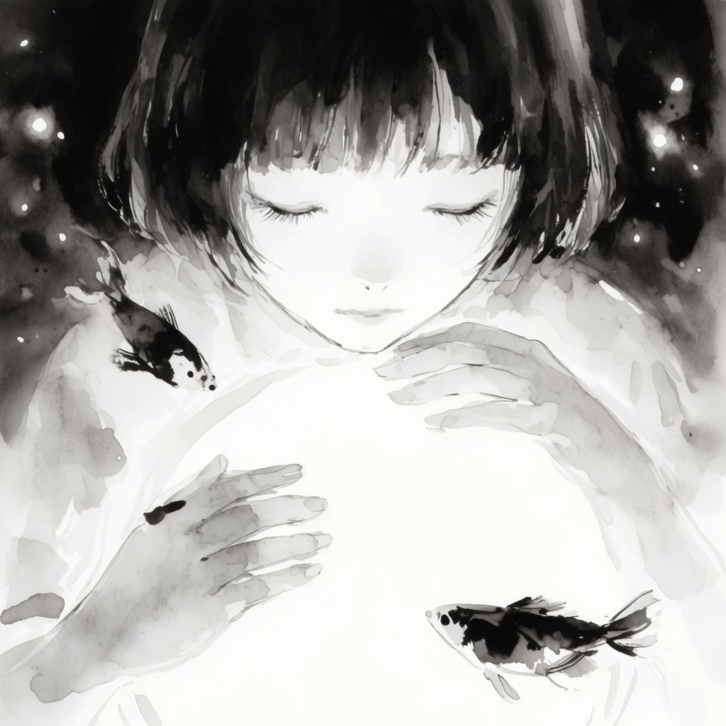 monochromatic ink wash painting, young girl with short dark bangs and closed eyes, pale face leaning down, arms softly framing a bright white void, dark ink painted fish resting near her hands, expressive loose brushstrokes, black and gray watercolor textures, dark background speckled with faint light, ethereal atmosphere
