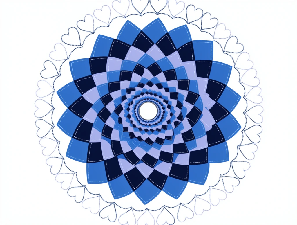 A radially symmetrical vector mandala on a white background featuring a complex spiral vortex. Overlapping shield-like petals twist inward, decreasing in scale toward a central opening. These geometric shapes alternate rhythmically in dark navy, medium azure, and light periwinkle blue, accented by fine dotted white embellishments. A delicate outer perimeter borders the solid blue core, composed of line-art hearts formed by tiny dotted strokes. Looping dotted pathways connect the hearts into an elegant lacework ring. The crisp graphic design emphasizes precise optical geometry.