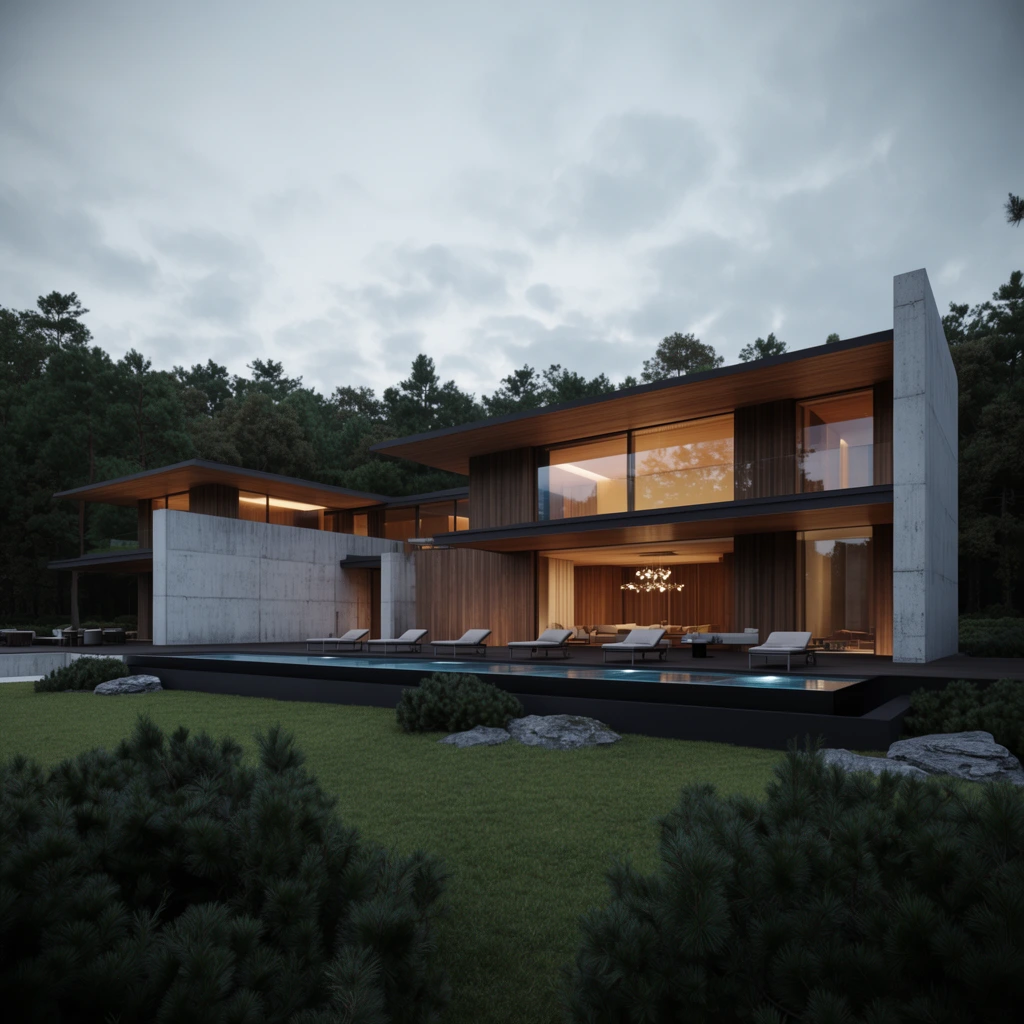 A photorealistic architectural rendering of a modern luxury villa against a dense forest under a cloudy dusk sky. The multi-level structure features flat overhanging roofs, massive raw concrete walls, vertical wooden cladding, and expansive glass windows revealing warm amber-lit interiors with a contemporary chandelier. A sleek rectangular swimming pool stretches along a dark deck lined with lounge chairs. The foreground presents a manicured lawn dotted with dark pine shrubs and grey rocks. A wide-angle perspective and soft cinematic lighting emphasize the striking contrast between the cool exterior environment and the inviting warmth of the geometric architecture.