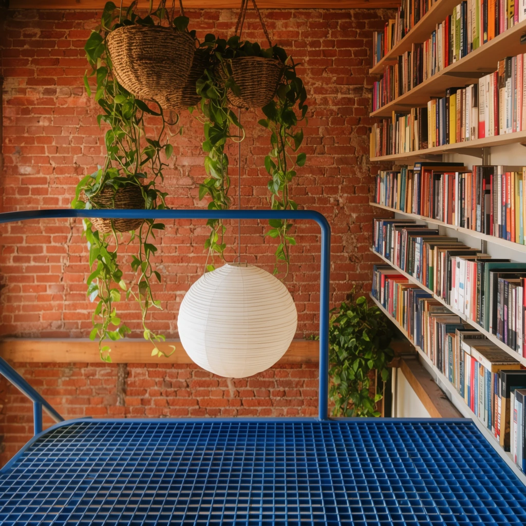 blue metal grid platform, hanging white ribbed paper lantern, trailing green plants in woven baskets, exposed red brick wall, shelves packed with colorful books, warm natural lighting