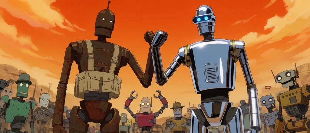 two tall androids clasping forearms, 2D animation style, flat shading, clear line art, left android featuring rusted bronze plating and a canvas utility harness, right android with polished chrome panels and a glowing blue visor, surrounded by a crowd of diverse scavenger robots looking on, one robot cheering with raised mechanical claws, dusty desert wasteland setting, bright orange sky with sweeping clouds, low angle cinematic composition, vibrant retro anime aesthetic