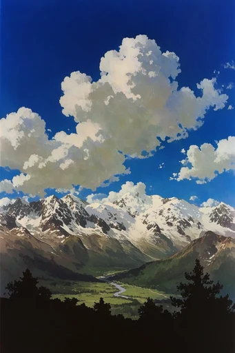Nostalgic Surrealist Skies style reference image — towering cumulus clouds
