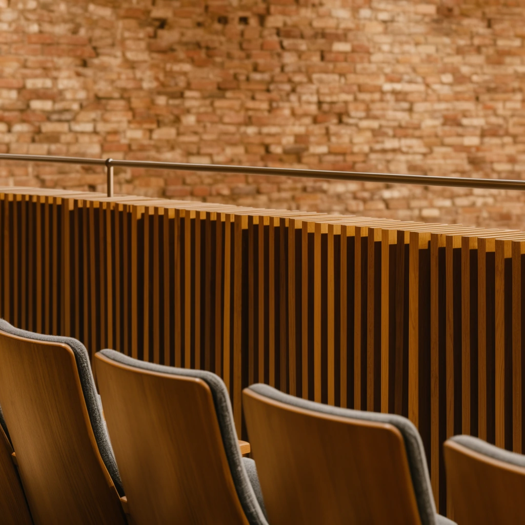 row of wooden theater seats from behind, grey cushions, vertical wooden slat balcony barrier, metal handrail, blurred exposed brick wall background, warm lighting, rhythmic architectural lines