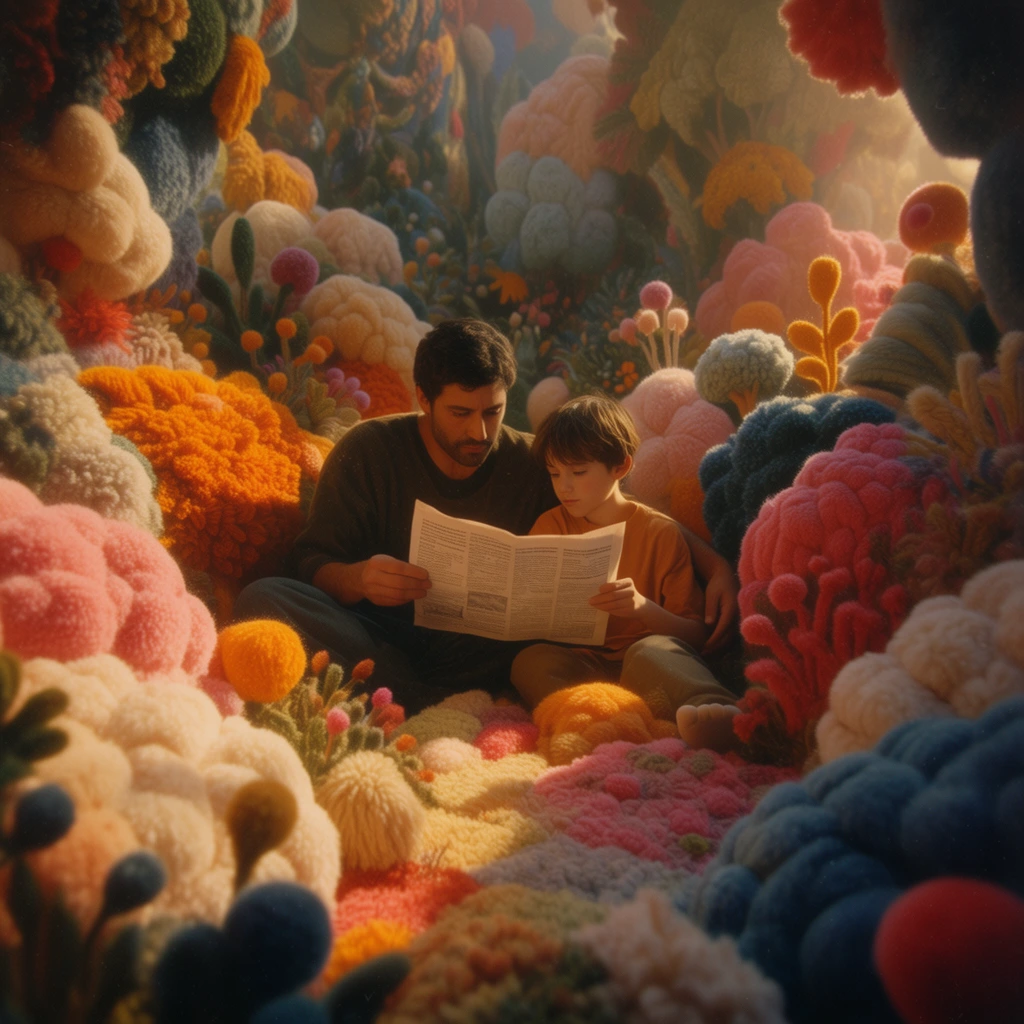 A man and a boy reading a paper, centrally positioned within a surreal, maximalist, hyper-tactile dreamscape. The visual execution mimics a highly detailed 3D rendering crafted from dense felt, tufted yarn, and plush fabric. The subjects are enveloped by a densely packed environment of oversized, soft, rounded, organic textile forms resembling bulbous clouds and thick botanical shapes. The color palette features deeply saturated, vibrant jewel and pastel tones, heavily emphasizing warm marigold oranges, rich rosy pinks, soft creams, and deep slate blues. Warm, cinematic, directional golden-hour lighting bathes the scene, casting deep, velvety shadows that accentuate the intricate fibrous micro-textures of the surrounding landscape. The composition utilizes a slightly low-angle, immersive perspective, finished with a soft volumetric atmospheric haze, subtle vintage lens halation around the illuminated edges, and a delicate film grain.