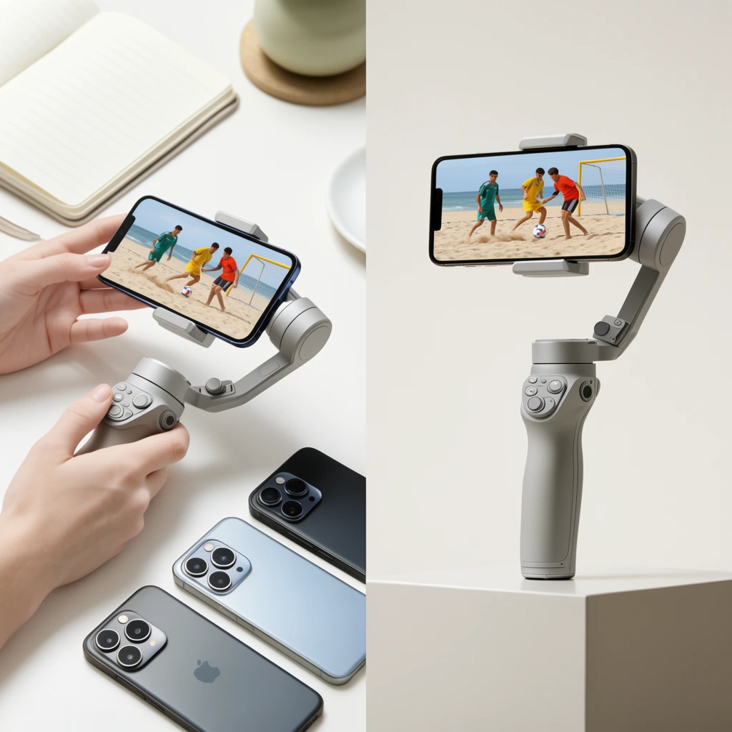 split-frame commercial product photography, left side featuring a top-down view of pale hands holding a modern smartphone and gray motorized gimbal stabilizer over a white desk, three sleek smartphones and an open notebook lying flat nearby, right side displaying the gimbal standing upright on a minimal pedestal holding a phone horizontally, beach soccer scene on screen, soft bright lighting, neutral modern color palette, crisp focus, clean technological aesthetic