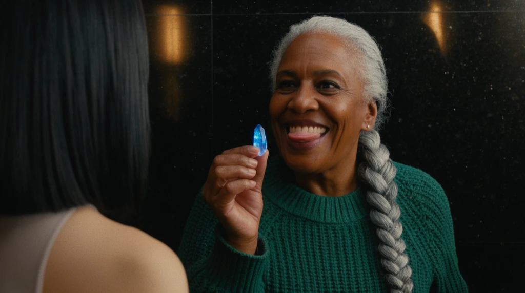 An older woman with dark skin and a thick silver braid smiles broadly, playfully sticking her tongue out while holding a small luminescent blue crystal. She wears a heavy emerald green fisherman sweater. In the blurred left foreground, the shoulder and straight black hair of another person frame the composition. Behind the smiling woman, a sleek obsidian wall softly reflects a warm directional key light. The cinematic shot features shallow depth of field, rich color contrast, and 35mm film grain, creating an intimate and lively atmosphere.