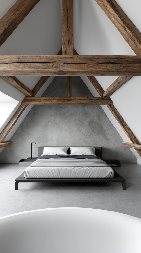 minimalist loft bedroom, exposed rustic wooden beams, textured grey wall, sleek platform bed, pitched white ceiling, concrete floor, foreground white bathtub edge, geometric window, modern architectural photography
