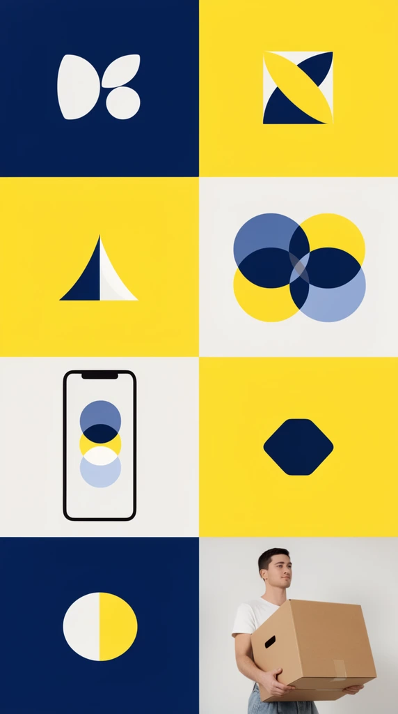 grid of minimalist presentation slides, abstract geometric symbols, dark blue and bright yellow color swatches, intersecting circles, mobile phone mockup, person carrying cardboard box, clean flat corporate aesthetic, structured layout grids