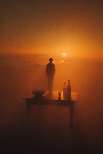 Amber Atmospheric Solitude style reference image — cinematic backlit silhouette