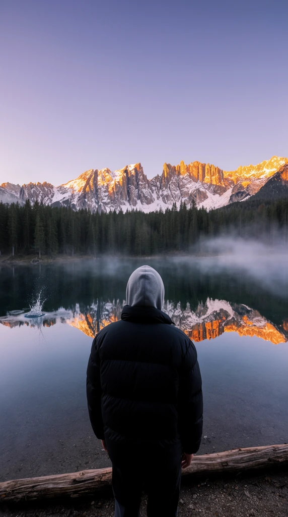 A person viewed from behind wearing a black puffer jacket and grey hood stands at the edge of a still alpine lake reflecting jagged, snow-capped mountain peaks. Bright golden alpenglow illuminates the rocky summits against a pale purple and blue gradient sky. Wispy fog drifts across the mirror-like water at the base of a dense dark evergreen forest. A weathered log sits on the immediate shoreline, and a tiny splash ripples the otherwise glassy water on the left in this wide-angle landscape photograph.