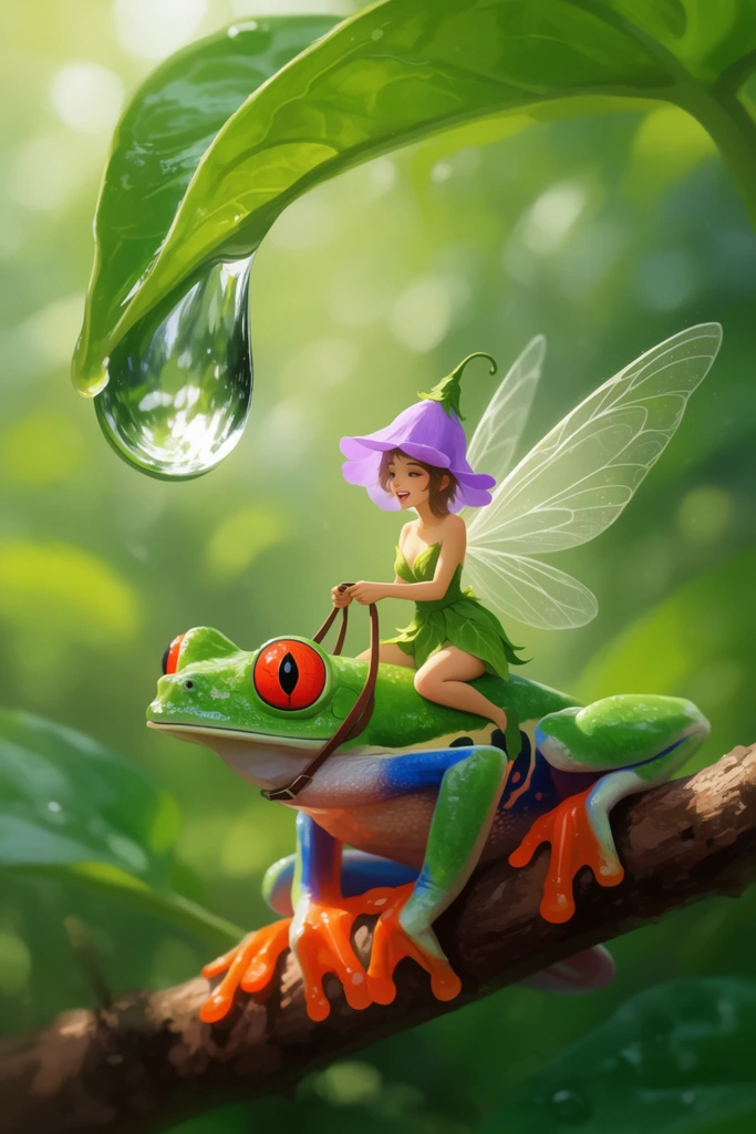 tiny fairy in a green leaf dress and purple flower hat riding a red-eyed tree frog, holding thin leather reins, translucent wings, a large clear water droplet hanging from a lush green leaf directly above, perched on a brown branch, vibrant fantasy digital painting, emerald and orange palette, soft dappled sunlight, shallow depth of field