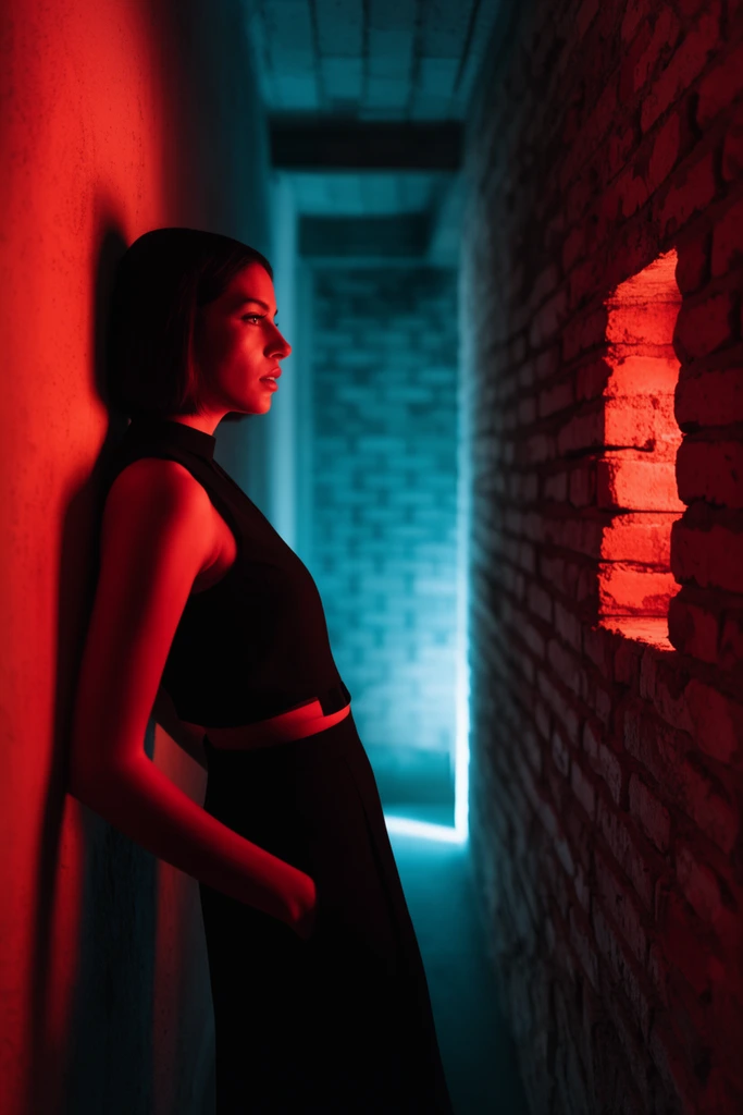 A woman in a black sleeveless outfit leans against a wall in a narrow corridor. Intense red lighting bathes her profile in the foreground, contrasting sharply with cool cyan light spilling from the background. An adjacent textured brick wall features an illuminated rectangular cutout.