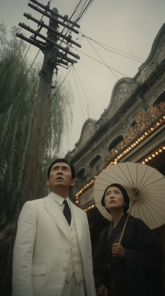 cinematic low angle mid-shot, man and woman gazing upward with tense expressions, man in a crisp white three-piece suit and dark patterned tie, woman in a dark traditional wrap garment holding a pale parasol, heavily leaning wooden utility pole with sagging wires crossing the frame, weeping willow tree, ornate building background with arched rooflines and decorative marquee bulb lighting, overcast pale grey sky, muted cinematic color grading, vintage historical atmosphere