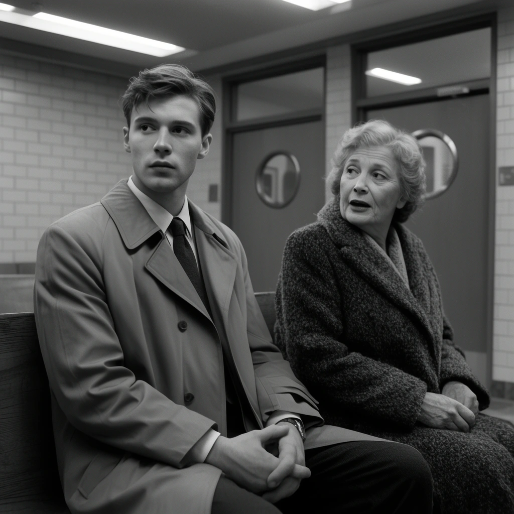 A black-and-white cinematic mid-shot of a young man and older woman on a wooden bench in a waiting room. The man wears a smooth trench coat and tie, gazing off-camera left. Beside him, the woman in a heavy textured coat turns toward him with parted lips. The background features tiled walls, swinging doors with circular windows, and overhead light bars, rendered with sharp focus and rich monochromatic contrast.