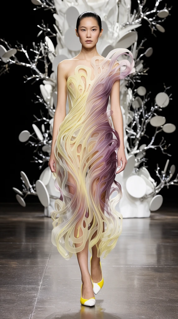 A runway model wears an avant-garde, translucent 3D-sculpted dress with flowing organic ribbon cutouts in pale yellow and soft plum gradients. She steps along a polished dark floor in yellow and white heels, her dark hair slicked back. Behind her stands a towering abstract white sculpture featuring branching metallic arms and flat circular discs. Bright spotlights sharply illuminate the undulating, coral-like structural lines of the garment against a stark black background in this striking high-fashion photograph.