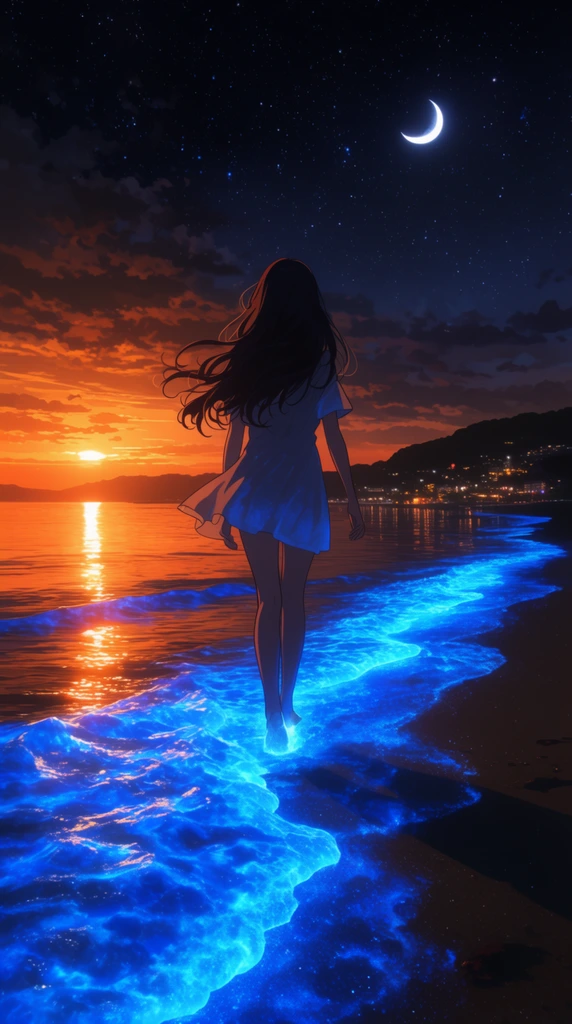 A woman with long dark hair walks away on a beach where waves glow with intense neon blue bioluminescence. A bright orange sunset reflects on calm water to the left, contrasting with dark coastal hills dotted with city lights to the right. The sky transitions to a deep starry night with a crescent moon. Rendered in a vibrant anime illustration style with dramatic lighting.