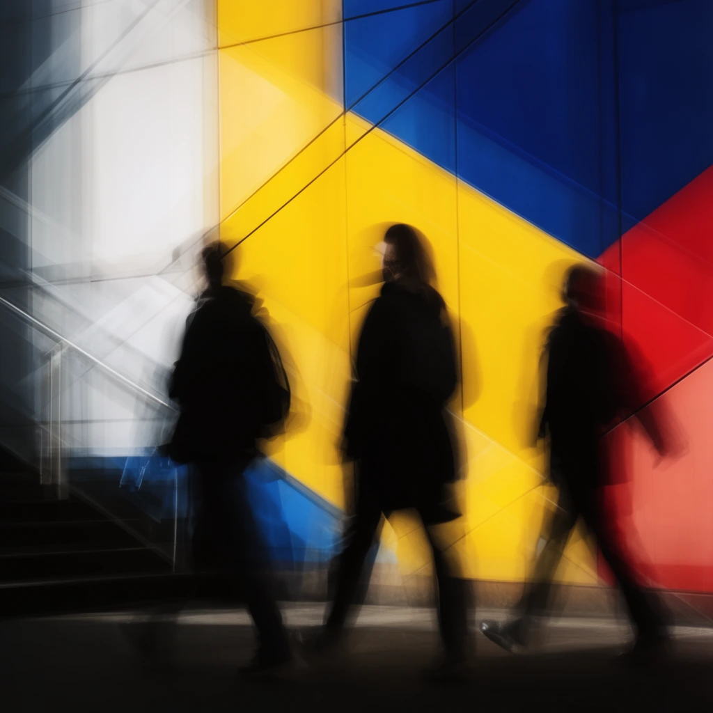 motion-blurred silhouettes of three pedestrians walking, brightly illuminated geometric wall background, intersecting diagonal lines forming triangles and rectangles, vibrant primary palette of bright yellow deep blue red and white, dark shadowy foreground with subtle stairs on left, multiple exposure photography, high contrast, dynamic kinetic energy, urban architectural setting