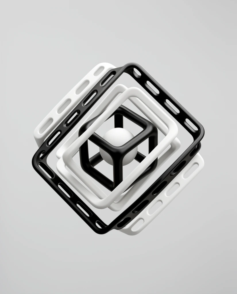 nested 3D geometric structure, alternating black and white rounded square frames, central white sphere inside a black cubic cage, gyroscopic arrangement with diagonal rotations, outer bands featuring pill-shaped cutouts, high-contrast monochrome palette, minimalist industrial design, matte textures, soft studio lighting, isolated on a seamless light grey background