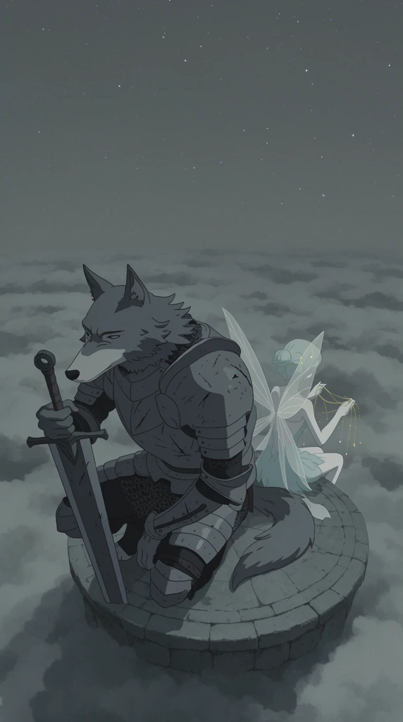A high-angle perspective looking down at a towering anthropomorphic wolf knight in scarred iron plate armor and a delicate fae creature with translucent wings sitting back-to-back on a circular stone dais floating amidst a sea of dense clouds. The wolf leans heavily on a massive broadsword, staring into the distance, while the fae weaves glowing golden threads between her hands. An expansive, melancholic night sky filled with tiny scattered stars surrounds the platform, emphasizing the vast emptiness. The scene is rendered in a minimalist 2D animation style with flat shading, utilizing a highly desaturated, monochromatic palette of muted greys and pale blues. This cinematic aerial shot captures the solemn, quiet atmosphere of the isolated figures.